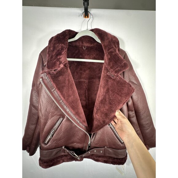 Womens Burgundy Faux Leather & Fur Biker Jacket - Picture 8 of 9